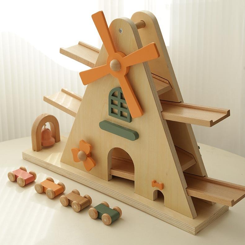 Деревянная ветряная мельница в скандинавском стиле, мини-игрушка с инерционным механизмом для развития зрительно-моторной координации разноцветный/белый